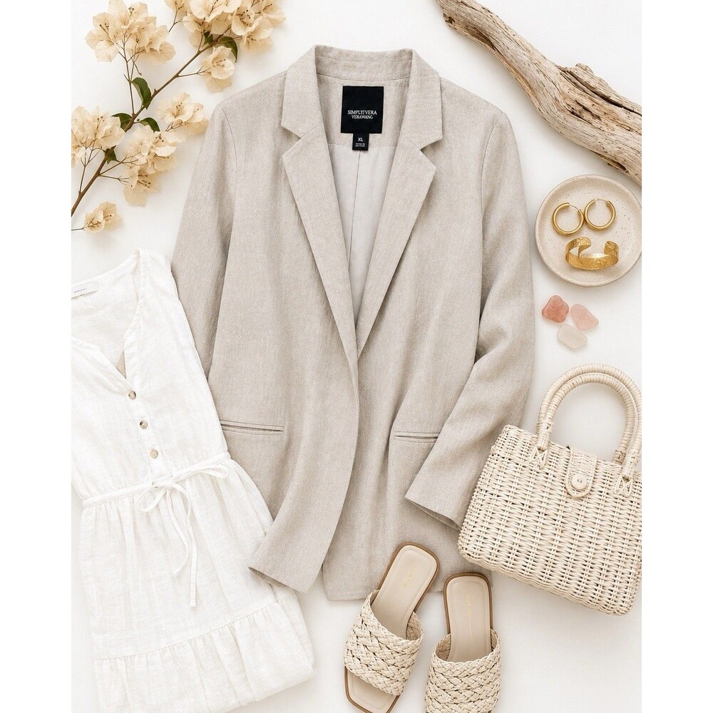 Simply Vera Wang XL Linen Comfort Blazer Camel Neutral Jacket Cooling Fabric